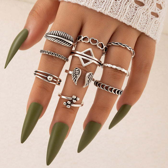 Vintage leaf ring set, geometric love wings ten-piece joint ring