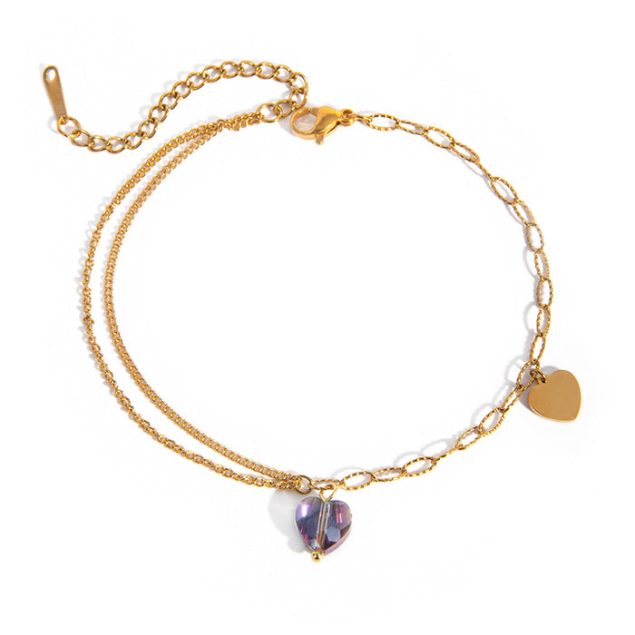 18K Gold Plated Stainless Steel Double Layer Anklet - 2024 Trendy Purple Gradient Heart Titanium Steel Jewelry