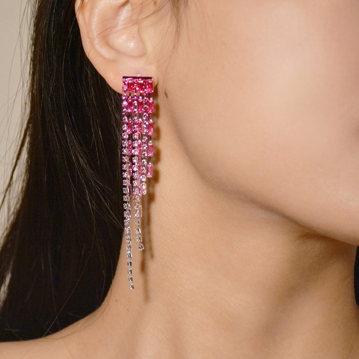 Pink tassel chain diamond earrings - wallojewerly 