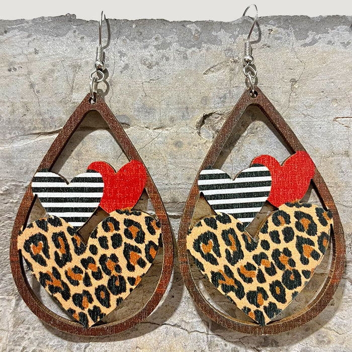 Wooden love leopard print earrings