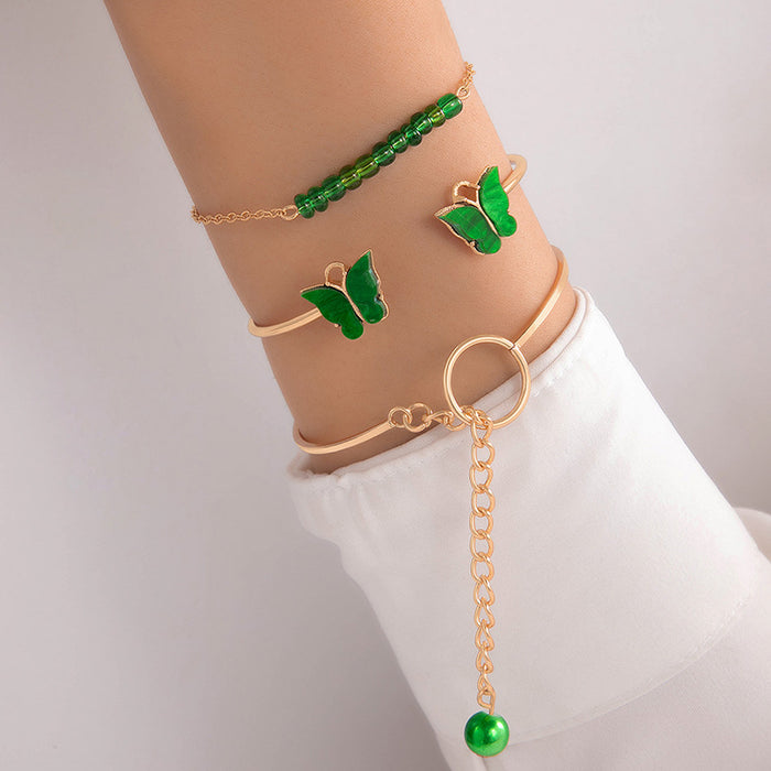 Metal Punk Chain Bracelet Set - Butterfly Open Bangle Three-Piece Jewelry Set