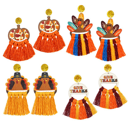 Thanksgiving Themed Woven Tassel Earrings with Turkey and Pumpkin Designs for Holiday Gatherings