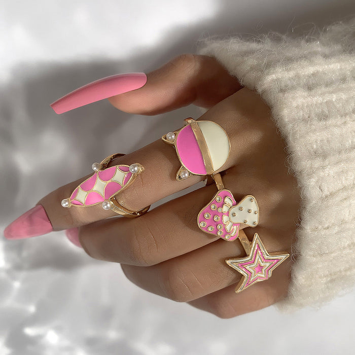 Pink Oil Drop Mushroom Pearl Ring 4-piece Set