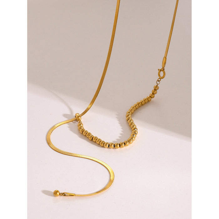 Minimalist 18K Gold-Plated Stainless Steel Snake Bone Y-Chain Necklace with Sliding Bead Clasp - Silver Tone