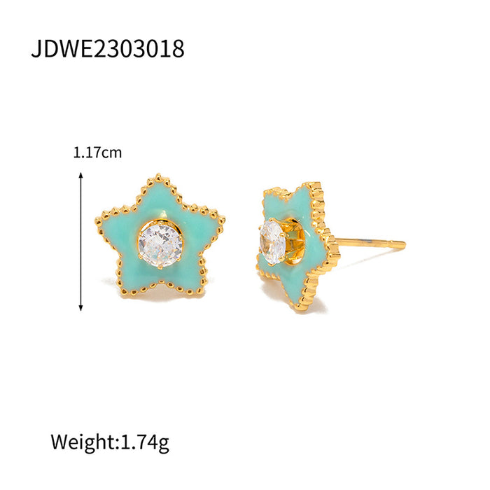 Unique 18K Gold Plated Titanium Steel Green Star White Zircon Earrings for Women