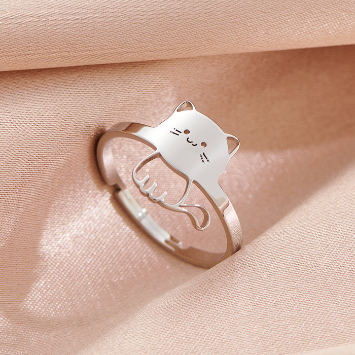 Fashionable cat open ring, stainless steel Japanese cute pet ring wholesale