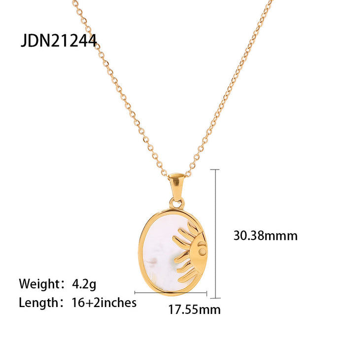 18K Gold-Plated Stainless Steel Oval Sun and Moon Pendant Necklace with White Shell - Vintage Style