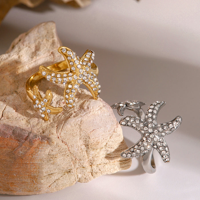 Stainless steel starfish open ring with full diamonds