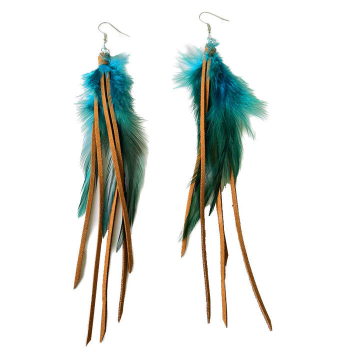 Bohemian Leather Tassel Earrings with Natural Feather Design