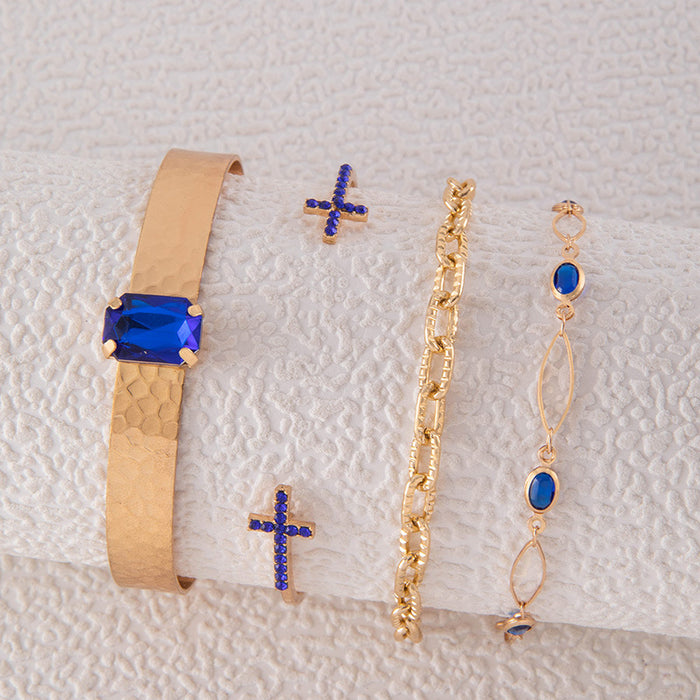 Blue Cross Rhinestone Bracelet Set - Four-Piece Geometric Jewelry for Women