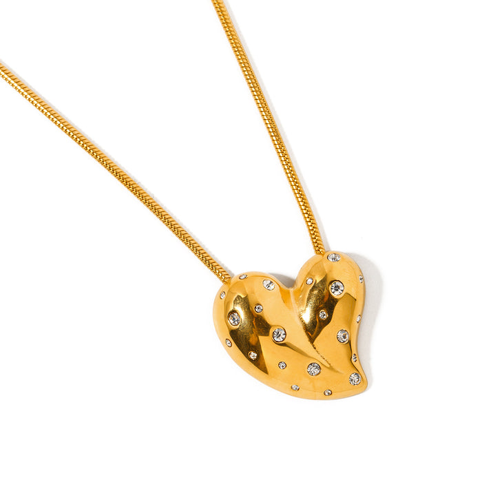 18K Gold-Plated Stainless Steel Heart Pendant Necklace with White Diamond Inlay