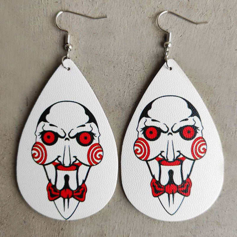 Halloween PU Leather Earrings with Creepy Clown and Blood Stain Design