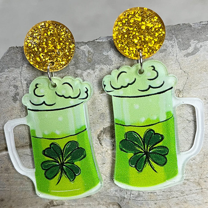 St. Patrick's Day Earrings with Shiny Clover, Beer, and Rainbow Designs