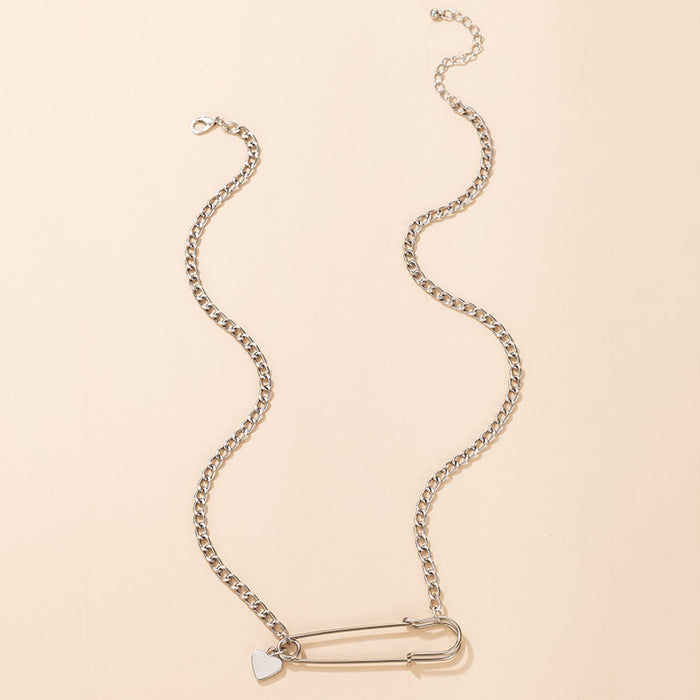 Simple Hip-Hop Clavicle Chain with Safety Pin Pendant and Heart Charm