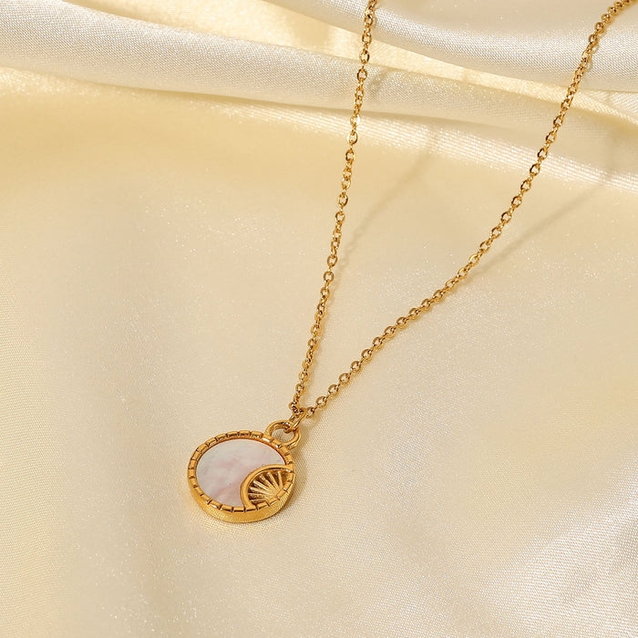 18K Gold-Plated Stainless Steel Moon Pendant Necklace with White Shell - Women's Fashion Jewelry