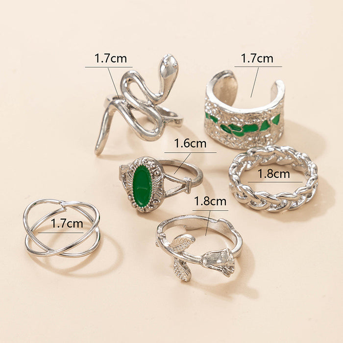 Bohemian Rose Snake 6-Piece Silver Ring Set