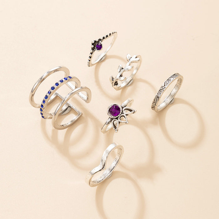 Blue and purple diamond leaf ring six-piece set geometric hollow ring combination