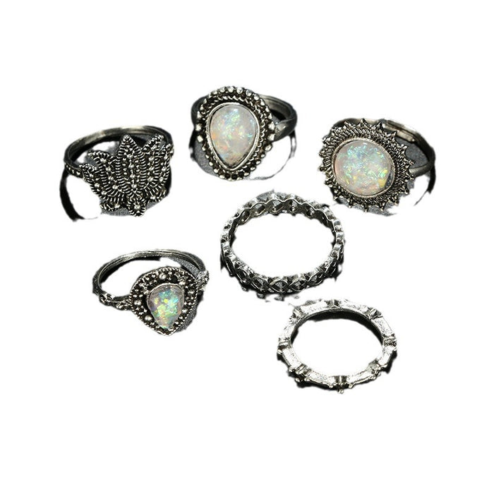 Vintage Heart Opal Rings - 6pcs Set