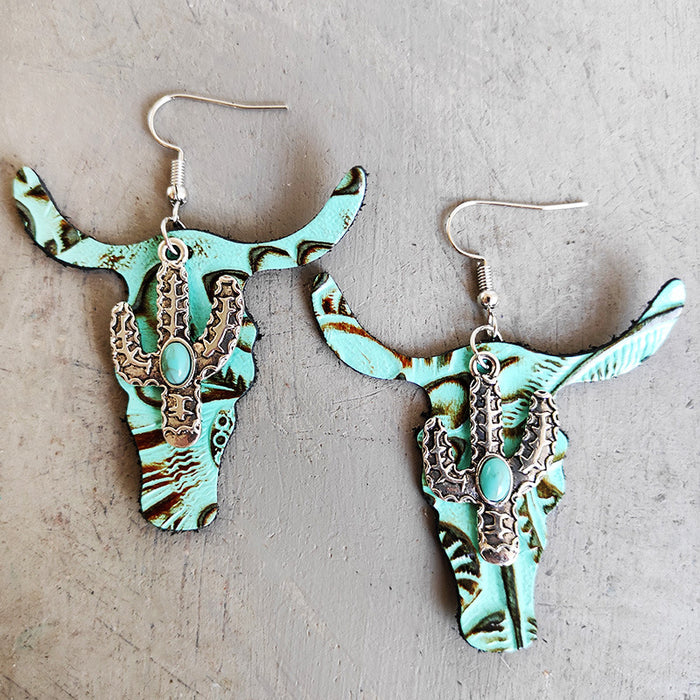 Vintage Embossed Leather Bullhead Earrings with Western Cactus Design