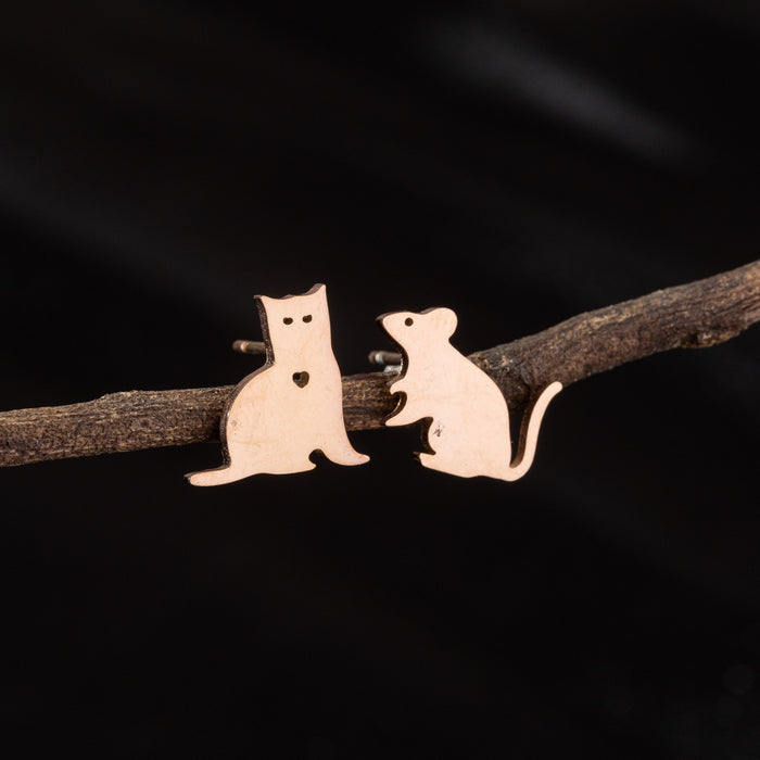 Pendientes asimétricos de acero inoxidable con forma de gato y perro: joyas de animales adorables y divertidas