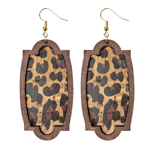 Wooden Leopard Print Earrings - Geometric Colorful Leather