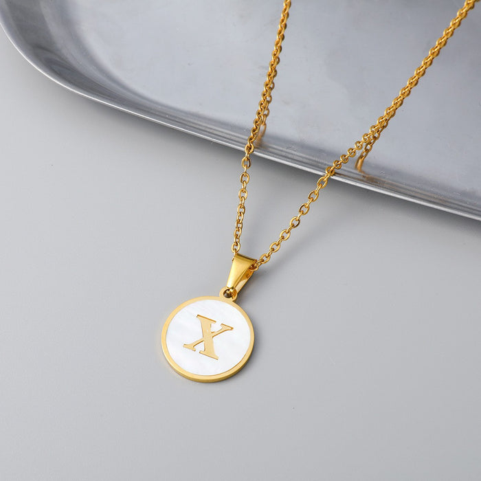 Round shell letter necklace, 18K stainless steel clavicle chain wholesale