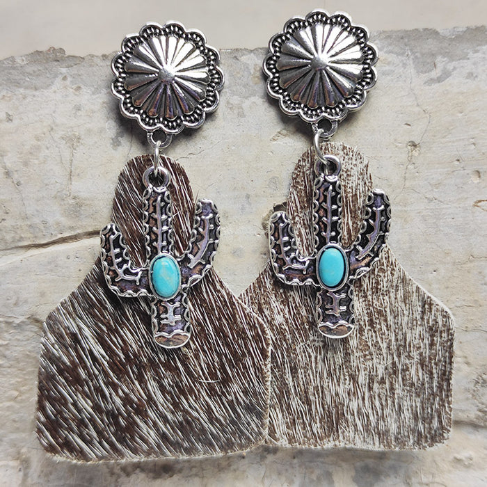 Bohemian Animal Print Leather Earrings with Pumpkin Flower and Turquoise Design