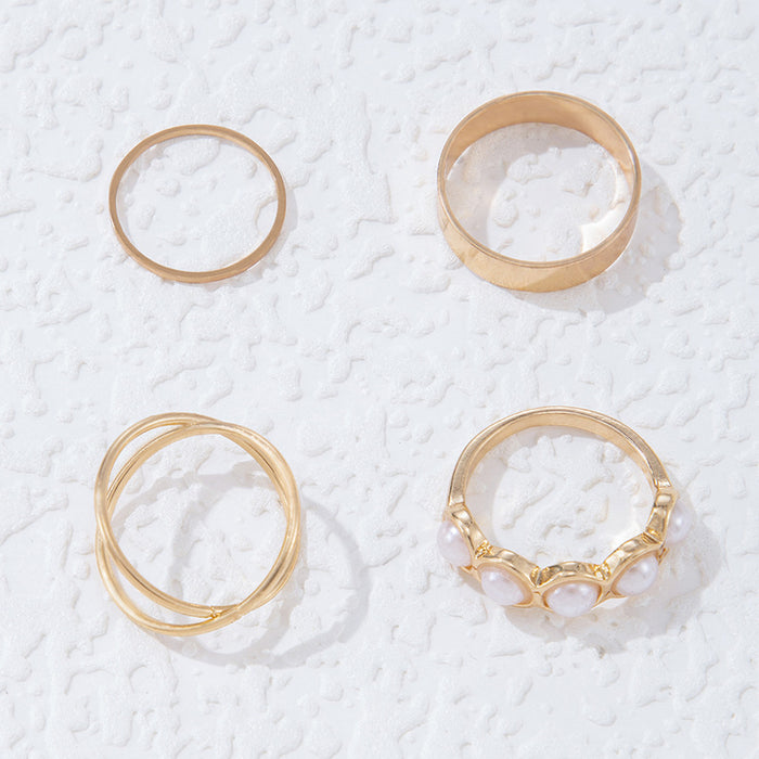 Gold Pearl and Cross Ring Set - 4-Piece Minimalist Joint Rings for Women