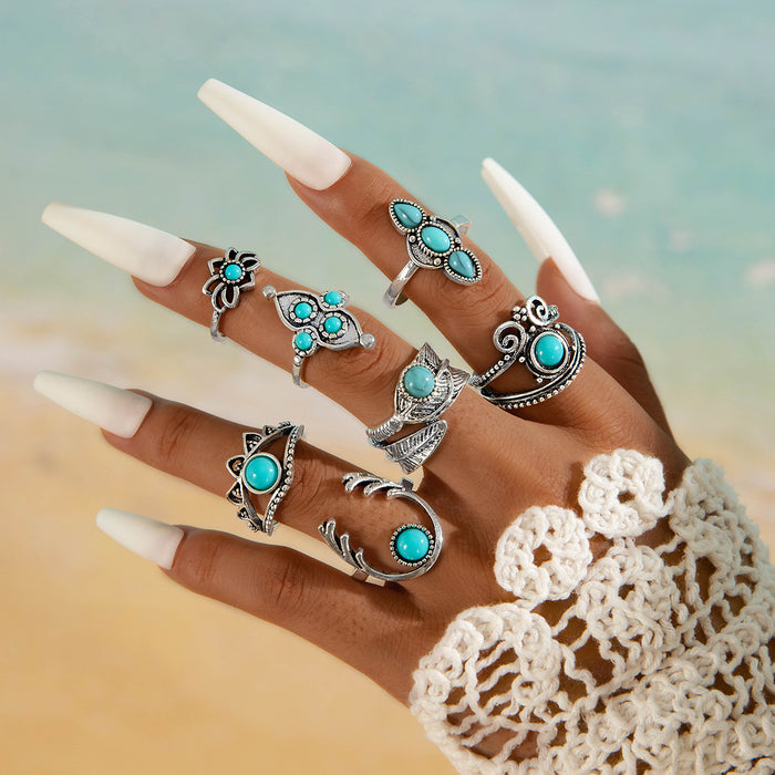 Bohemian Turquoise Ring Set – Feather & Crown Rings, 7-Piece Collection