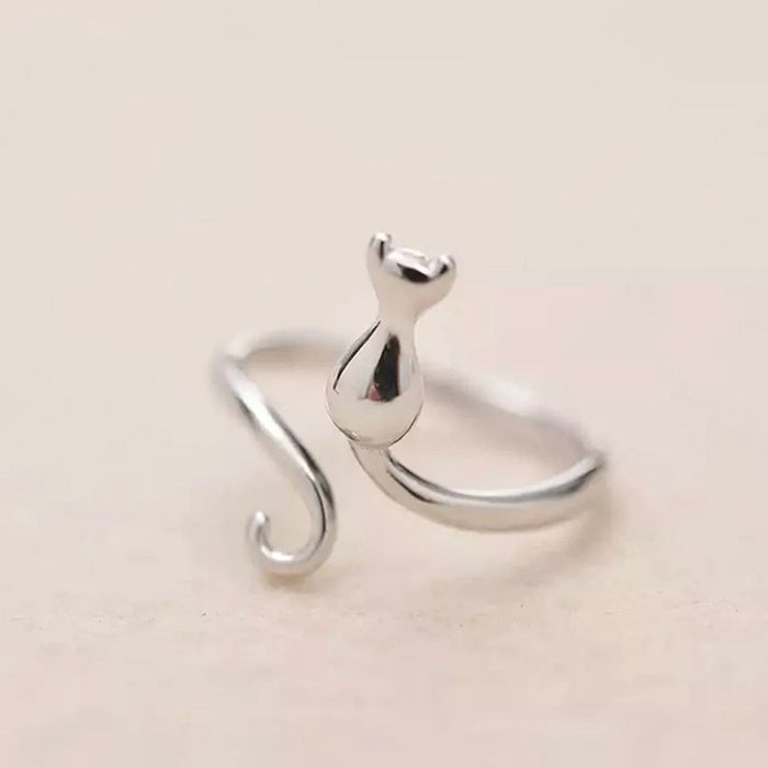 Lindo anillo abierto con orejas de gato, anillo de dibujos animados de animales pequeños