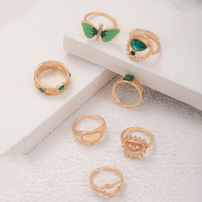 Green butterfly diamond heart eyes hollow seven-piece ring set