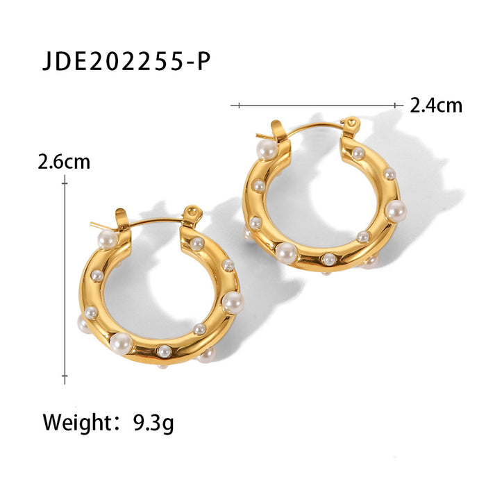 New Titanium Steel Hoop Earrings - 18K Gold Stainless Steel Pearl Zircon Earrings