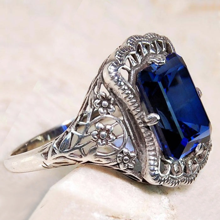 Palace style hollow royal blue zircon ring, vintage boutique