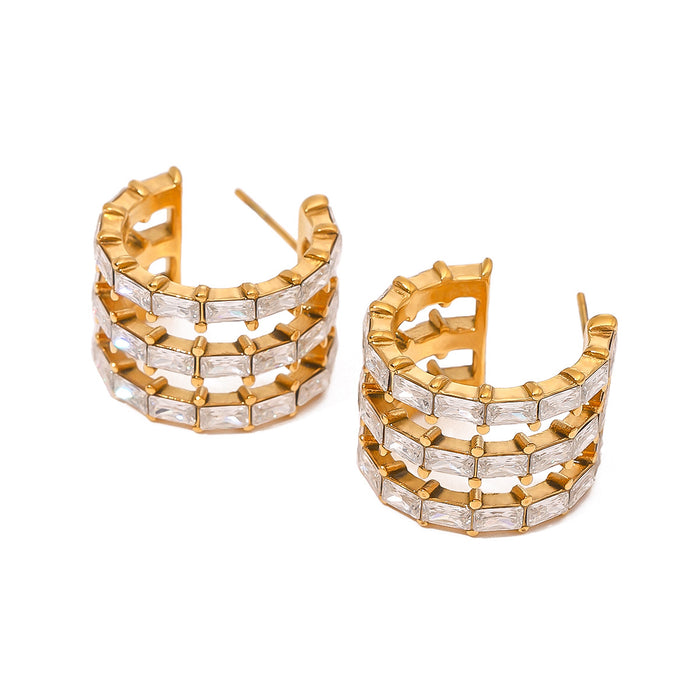 High-End Stainless Steel Zircon Earrings - Electroplated Non-Fading Titanium Steel C-Shaped Earrings for Women