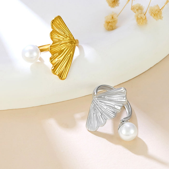Wholesale stainless steel 18K gold sun scallop imitation pearl ring