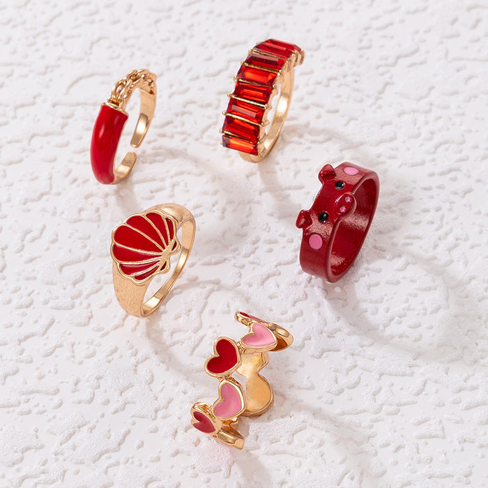 Love piggy dripping oil scallop ring set, geometric red imitation gem five-piece set