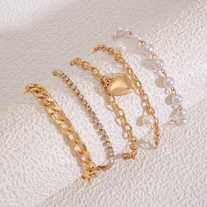 Korean Heart Pearl Bracelet Set - Simple Luxury Five-Piece Jewelry Collection