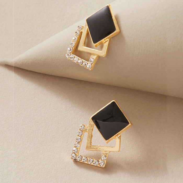 Multi-layered black diamond-shaped squares with diamonds and oil-drop small stud earrings