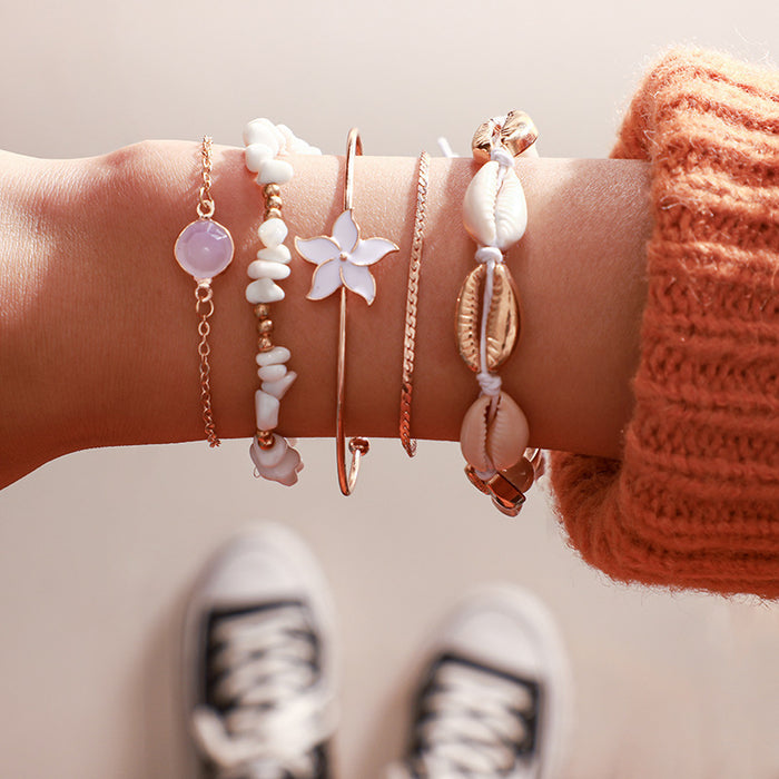 Shell Alloy Bracelet Set - Letter Pearl Geometric Multi-Layer Bracelets