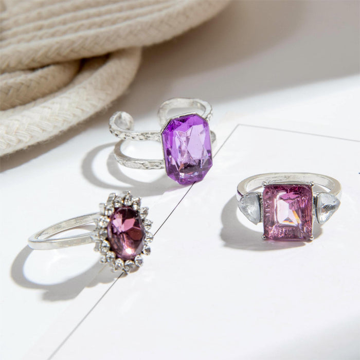 Purple Luxe Snake-Inspired Faux Gemstone Diamond Ring Set – Elegant Geometric Open Rings, 6-Piece Collection