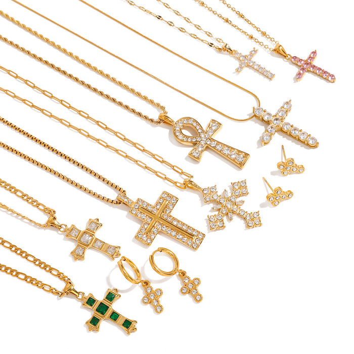 Stainless Steel Cross Pendant Necklace Zirconia Earrings