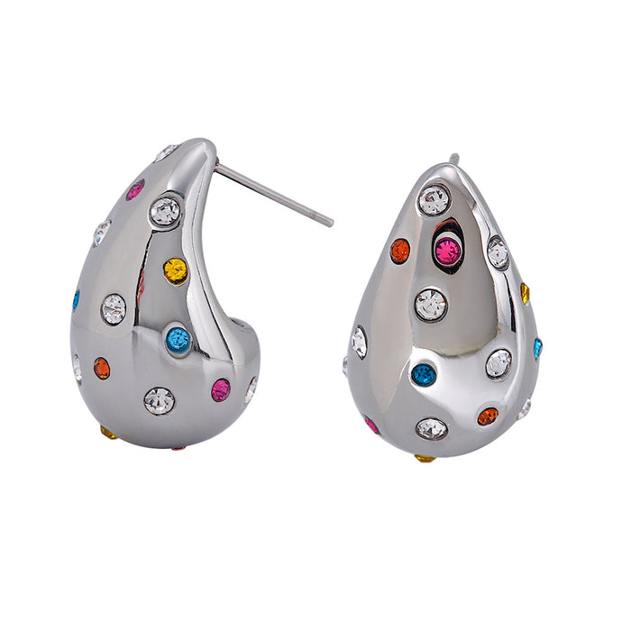 European 2024 Summer New Stainless Steel Zircon Stud Earrings - Unique Colored Zircon Teardrop Jewelry for Women