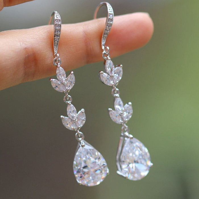 Crushed diamond teardrop zircon earrings long commuter earrings