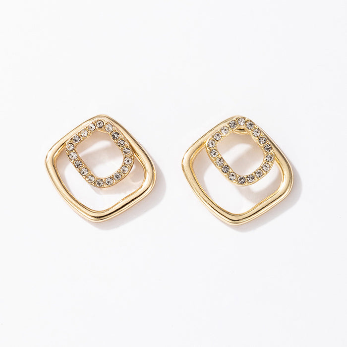 Square geometric diamond-studded earrings with simple and elegant temperament