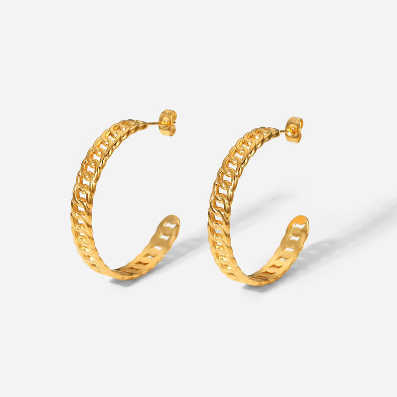 Trending 18K Gold Plated Stainless Steel Hoop Earrings - 35mm Gold Cuban Link C-Shaped Earrings for Women - wallojewerly 