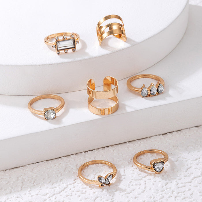 Korean style heart diamond ring set, geometric irregular square butterfly seven-piece set