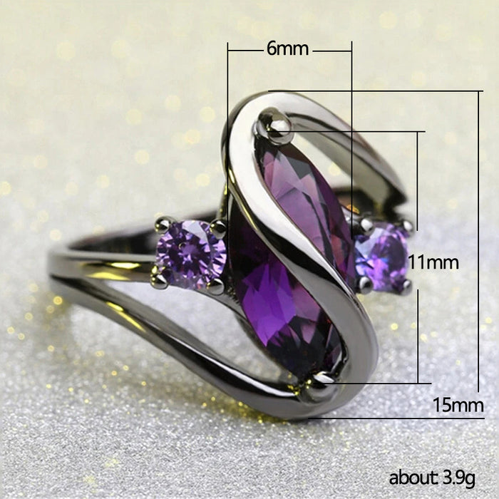 Horse eye ring electroplated gun black purple zircon ring