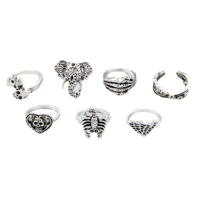 Juego de anillos de calavera de escorpión y elefante estilo punk: 7 piezas de anillos góticos oscuros