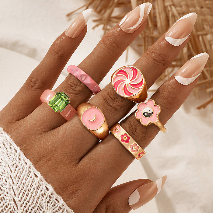 Macaron Acrylic Flower Colorblock 6-Piece Ring Set