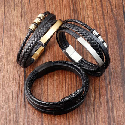 Bracelet Stainless Steel Leather Woven Multi Layer